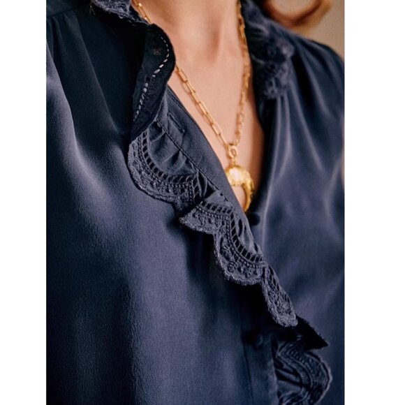 Sezane Chlo Silk Shirt Blouse Marine Navy Blue French Top Classic FR34/US2 - Picture 5 of 12